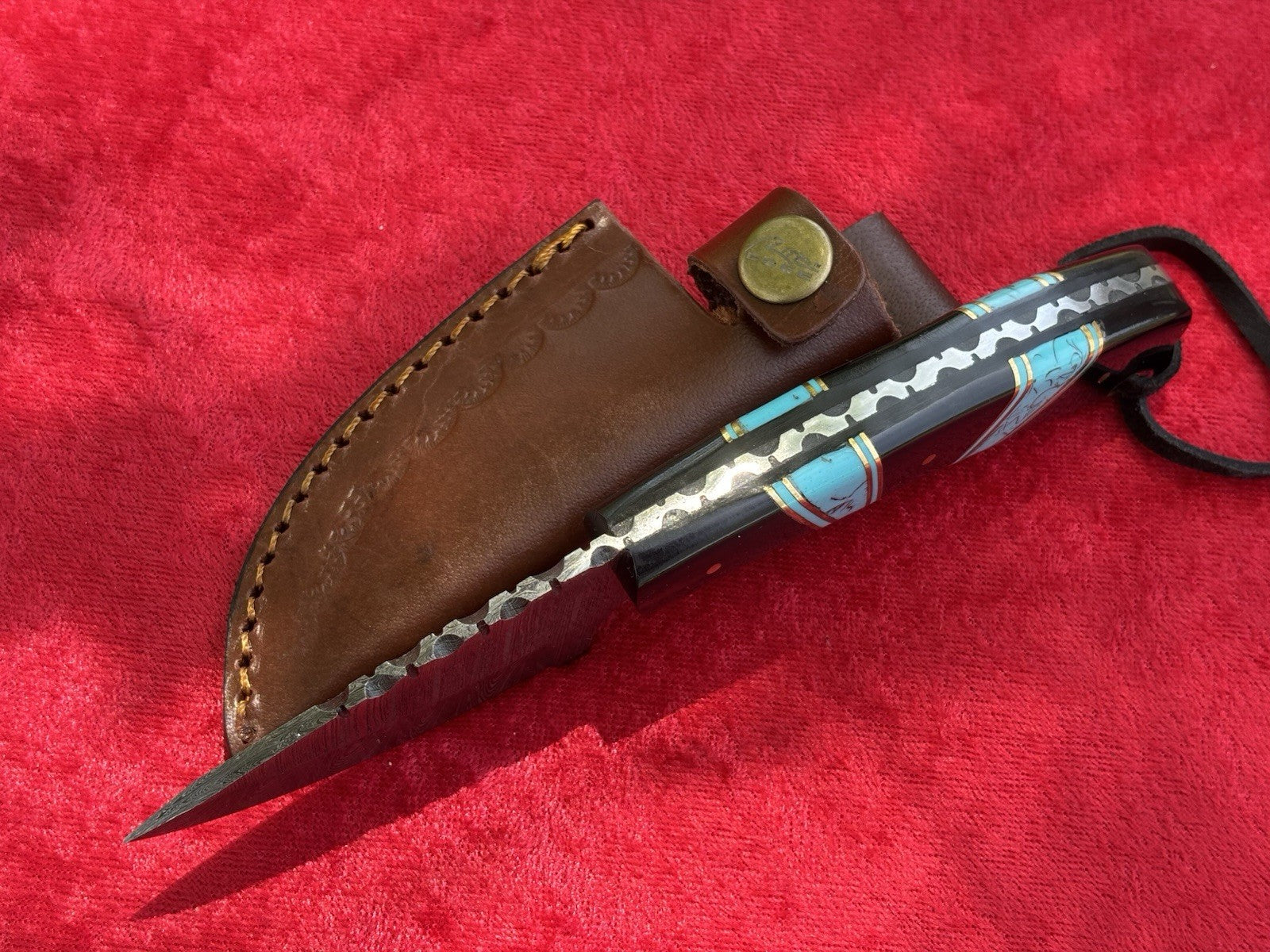 7” Fixed Blade Knife 3” Blade Full Tang Leather Sheath Black Blue Hand Forged 