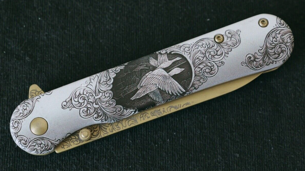 Gold Duck Spring Assist Pocket Knife Victorian Era Style Ornate Full Metal 8”