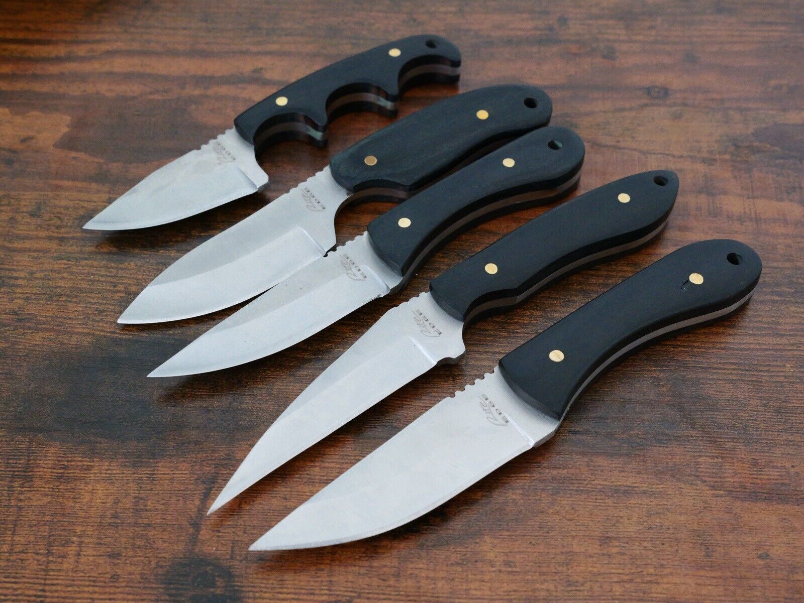 5pc Survival Knife Set Fixed Blade Wood Handle Nylon Sheath Black Full Tang Edc