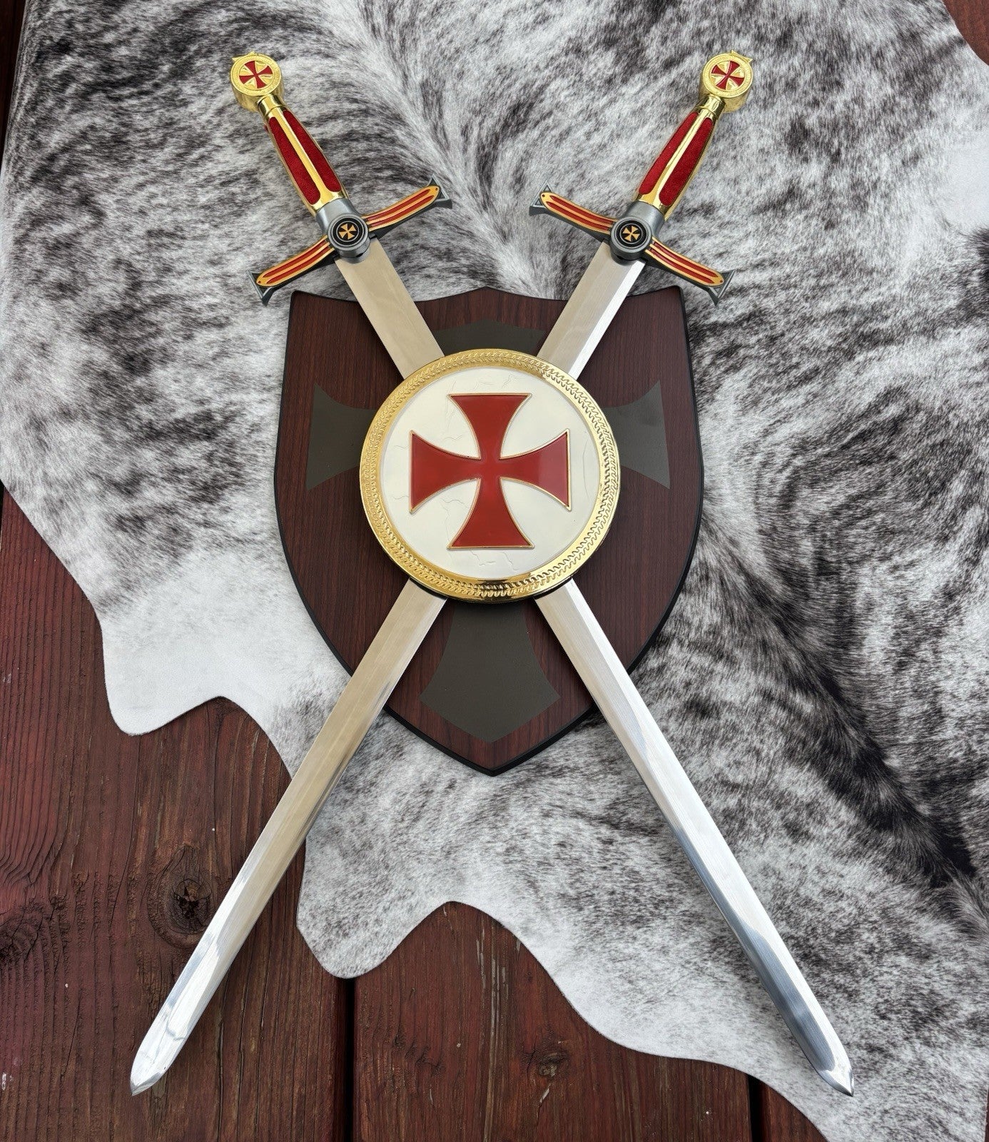 30” Knights Templar Sword Set Wood Shield Display Plaque Wall Mount Mirror Shine
