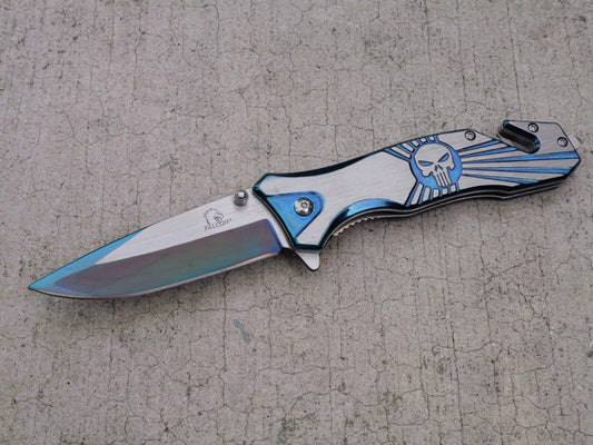 Skull Punisher Pocket Knife All Metal Full Size Window Punch Spring Assist Sharp