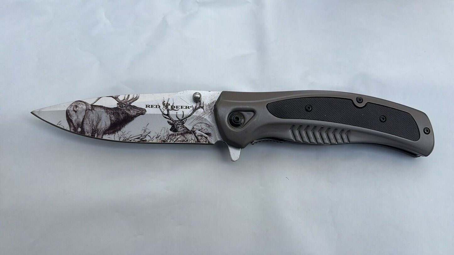 Deer Pocket Knife Full Size Spring Assist Metal Handle Etched Blade Modern New