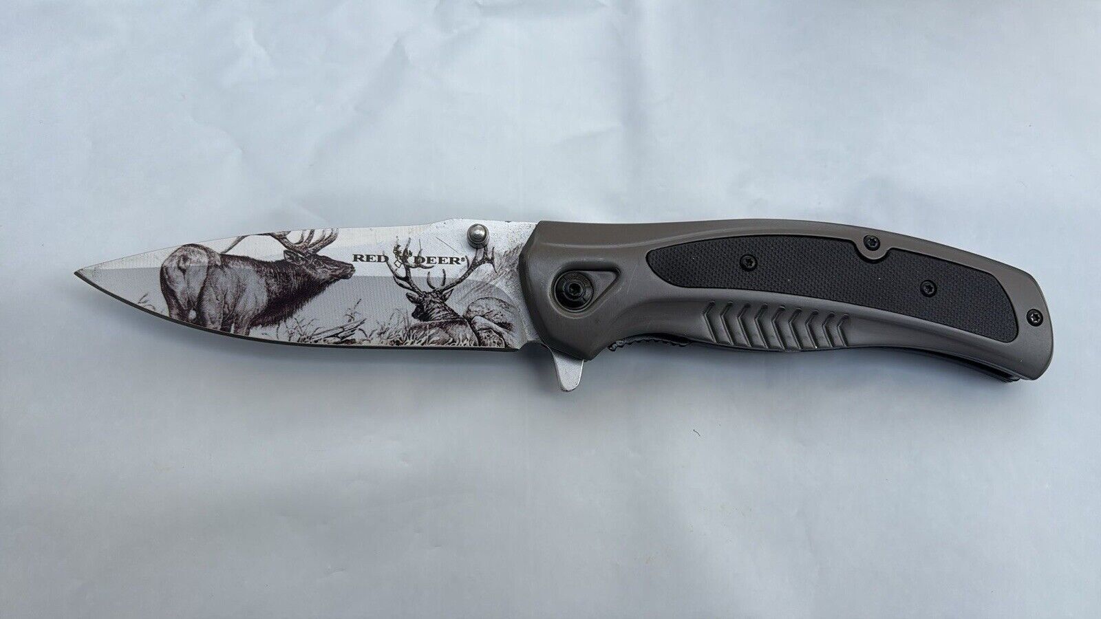 Deer Pocket Knife Full Size Spring Assist Metal Handle Etched Blade Modern New