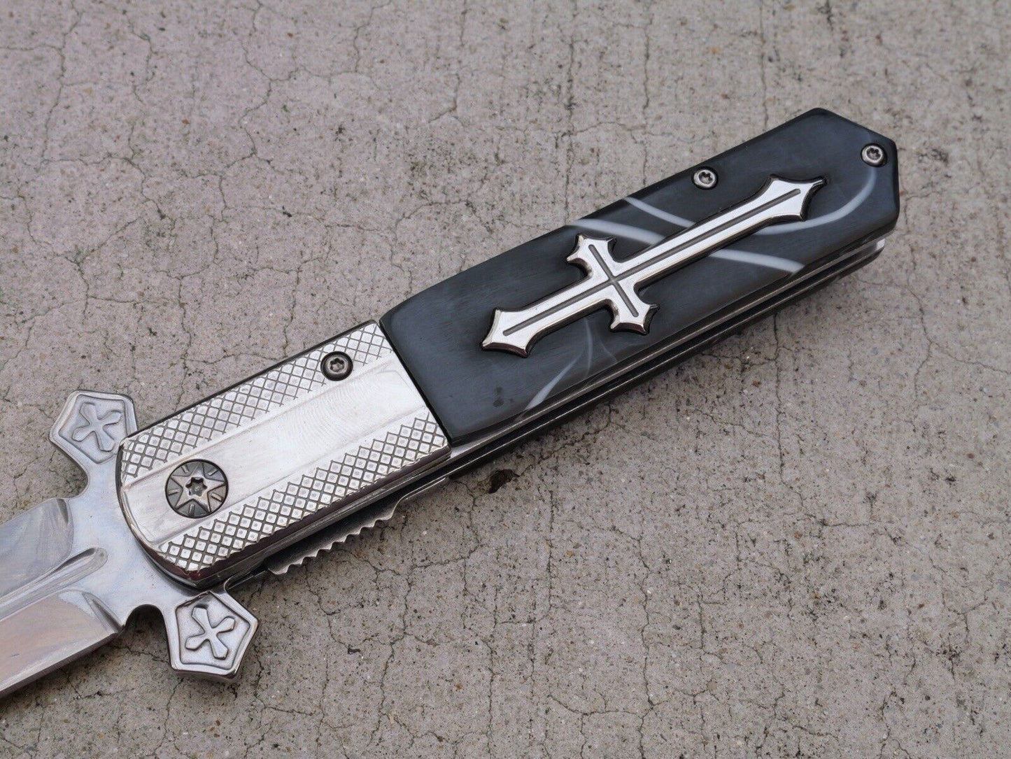 Cross Pocket Knife Full Size Spring Assisted Black Pearl Handle Spear Point Clip