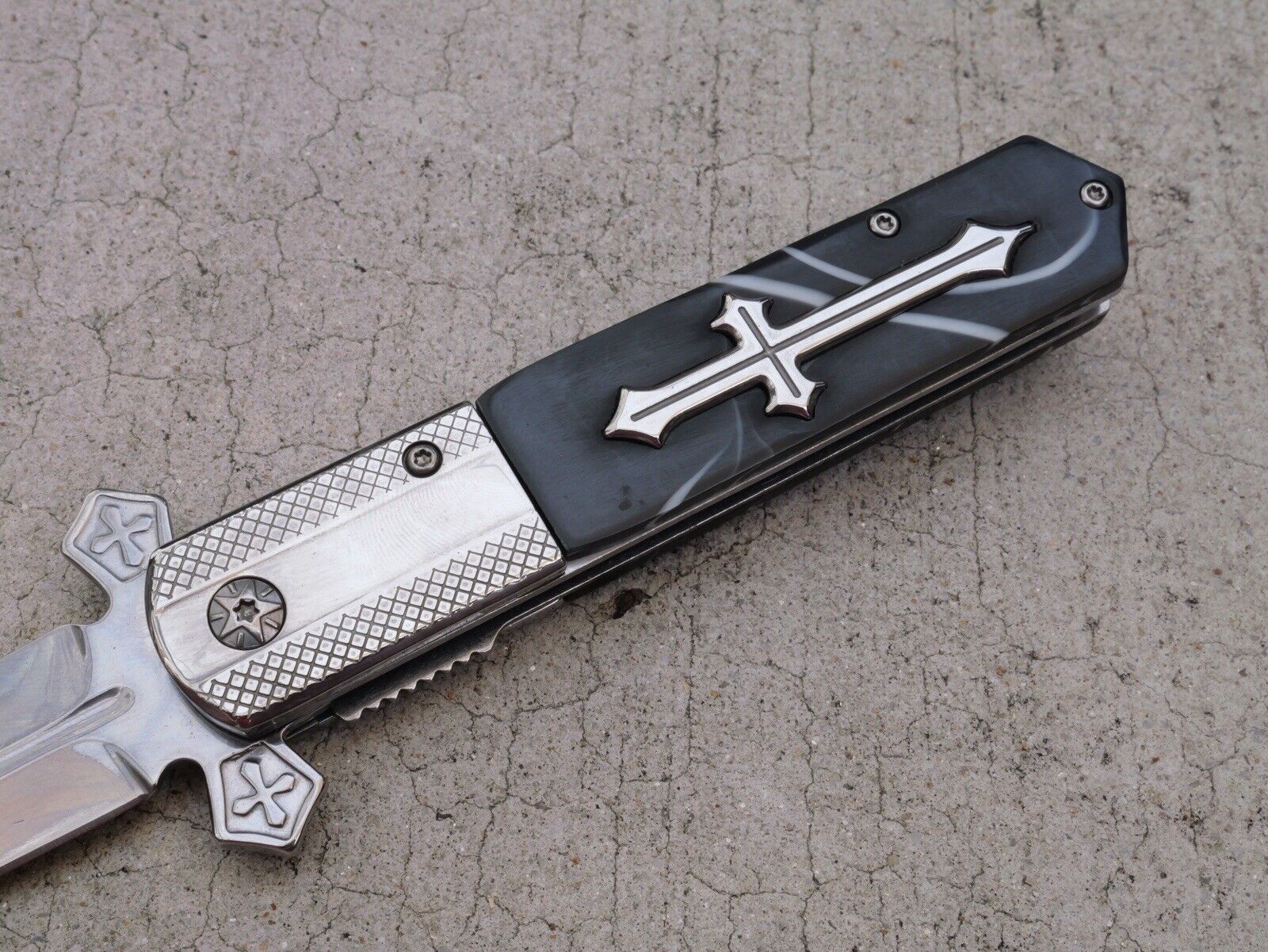 Cross Pocket Knife Full Size Spring Assisted Black Pearl Handle Spear Point Clip