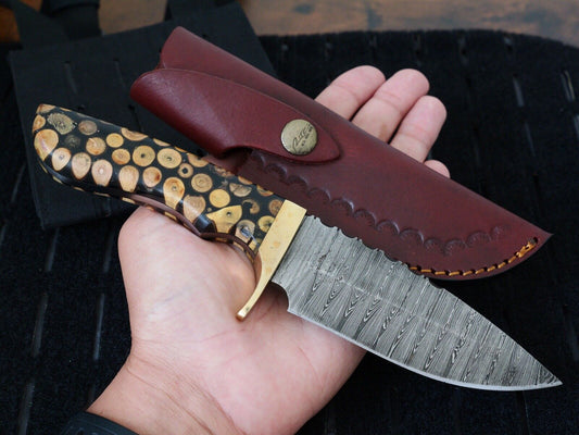 9” Fixed Blade Knife Genuine Damascus Steel Epoxy Poured Wood Handle Full Tang