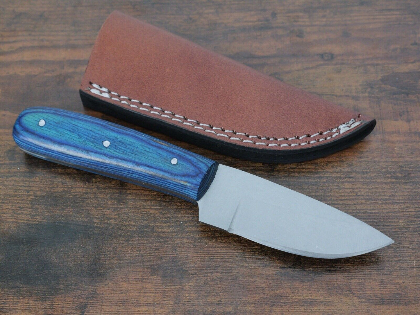 7.5 Fixed Blade Knife Big Handle 3” Blade Sharp Precision Tool Wood Handle Blue