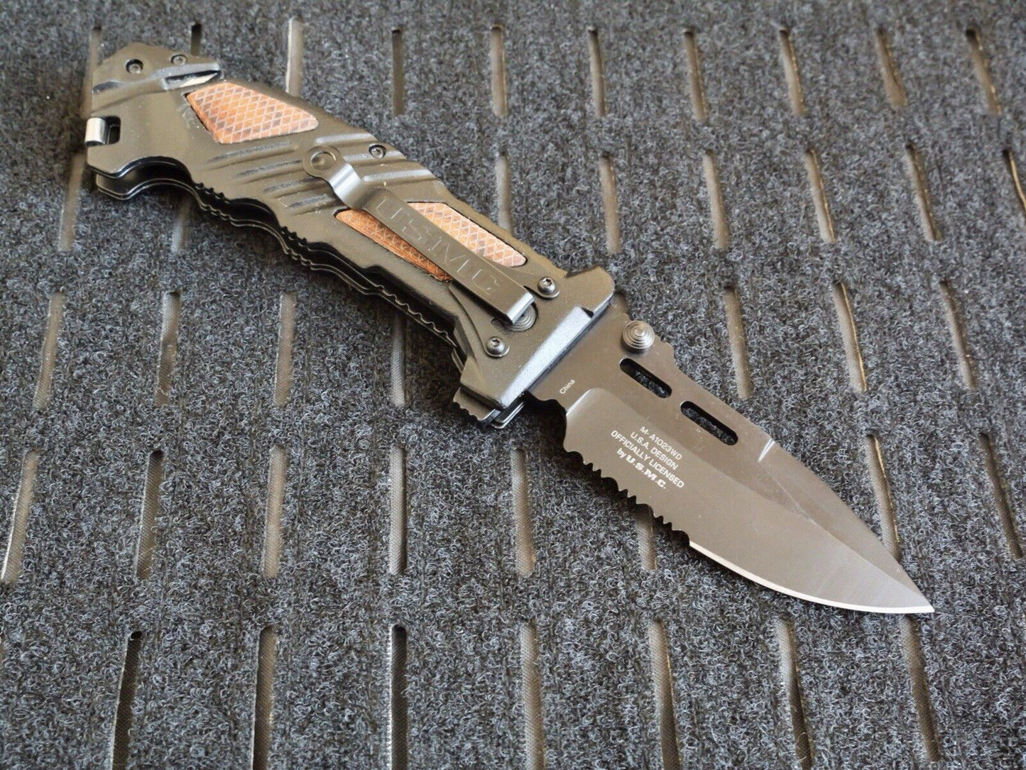 USMC Pocket Knife Heavy Duty Spring Assist Black Hefty Window Punch Belt Cutter 