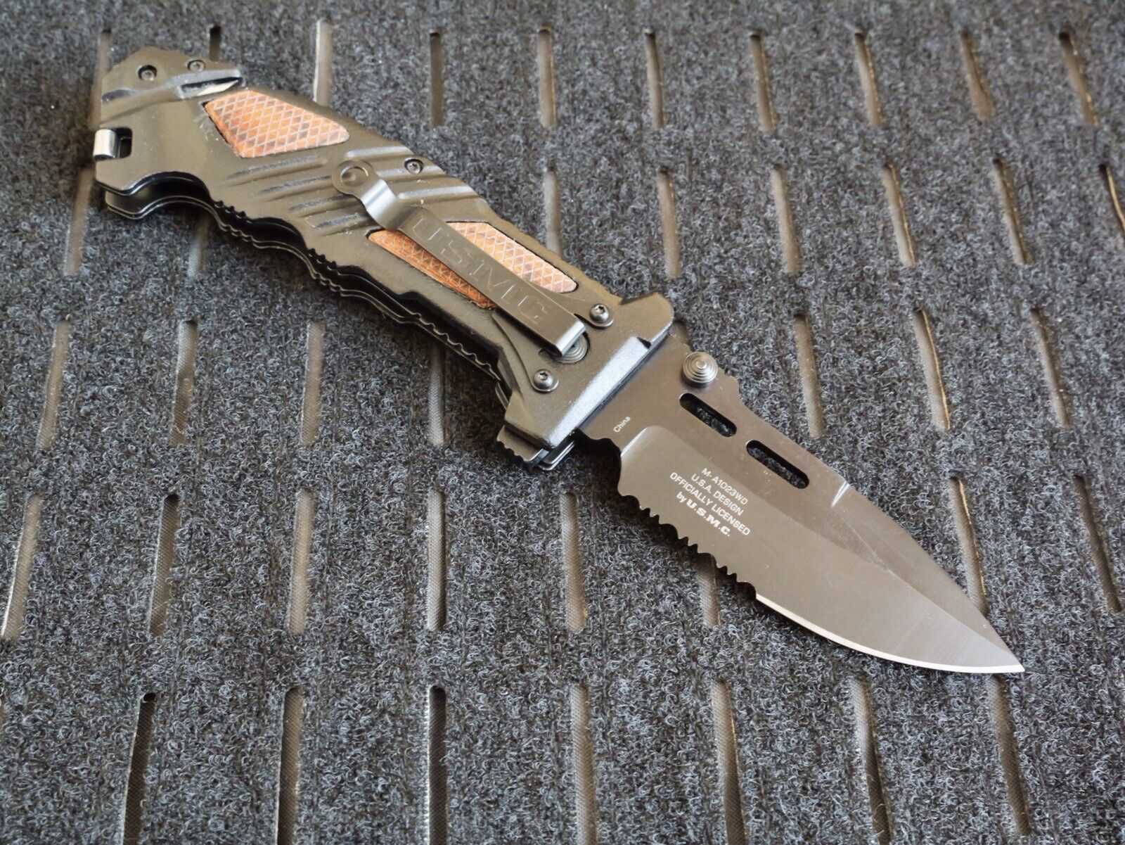 USMC Pocket Knife Heavy Duty Spring Assist Black Hefty Window Punch Belt Cutter 