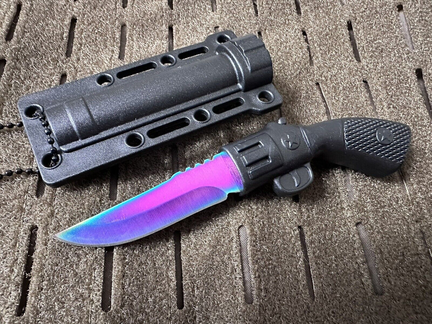 Necklace Knife Hard Sheath Rainbow Fixed Blade Drop Point 7” Overall Tactical