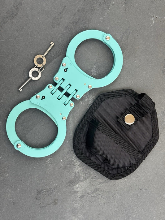 Blue Hand Cuffs Stealth Police Heavy Duty Hinge Handcuffs Nylon Sheath