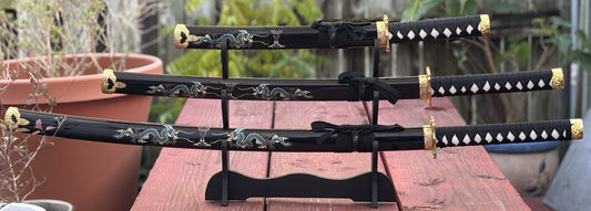 Samurai Sword Set Black Dragon Display Stand Wood Scabbard Katana 3 Piece Set