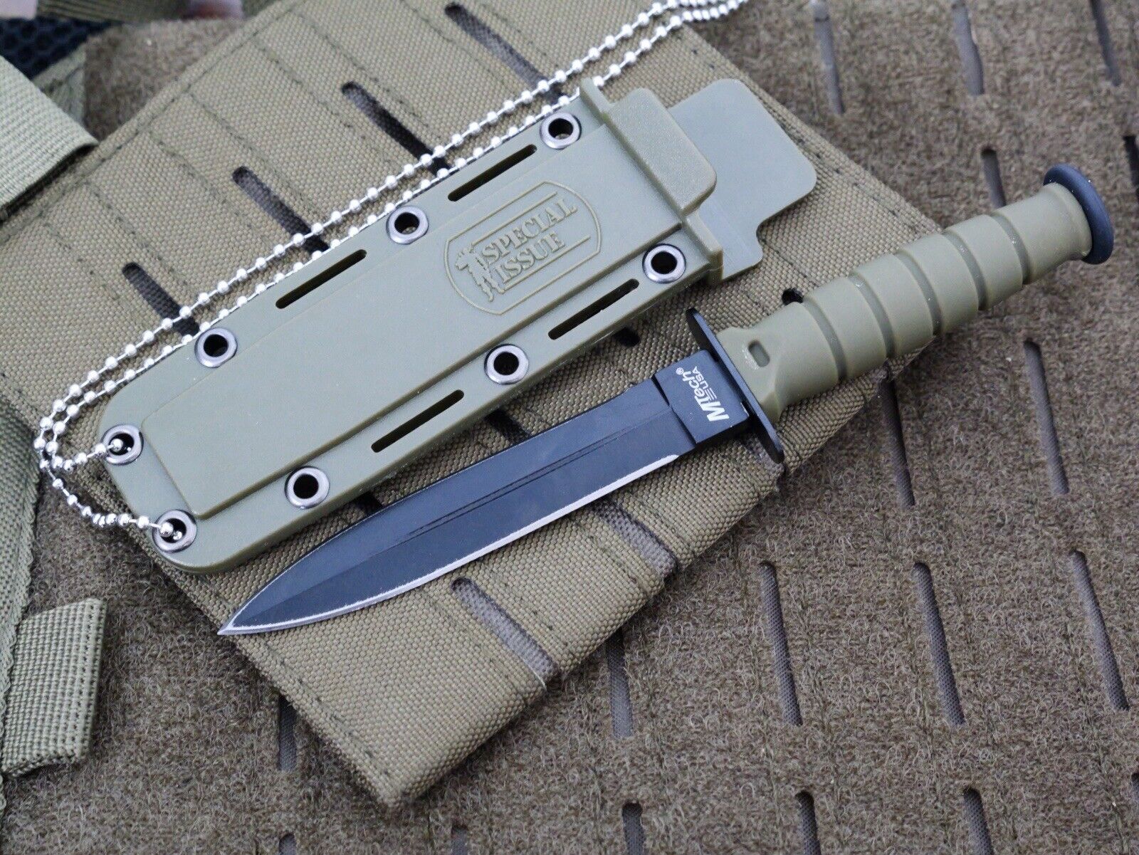 6” Neck Knife Spear Point Double Edge Green Hard Sheath Sharp Tactical Medium 