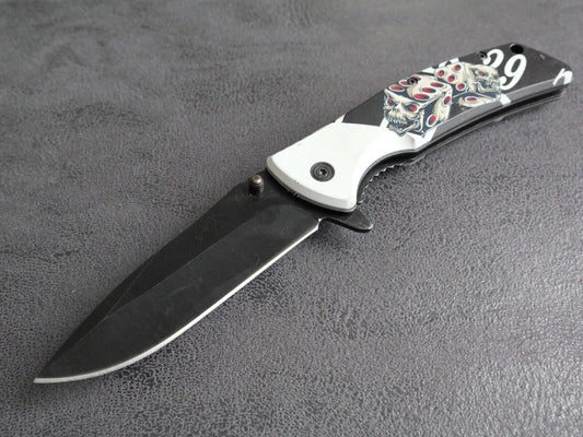 Skull Dice Pocket Knife Spring Assisted Stealth Black Drop Point Belt Clip Sharp