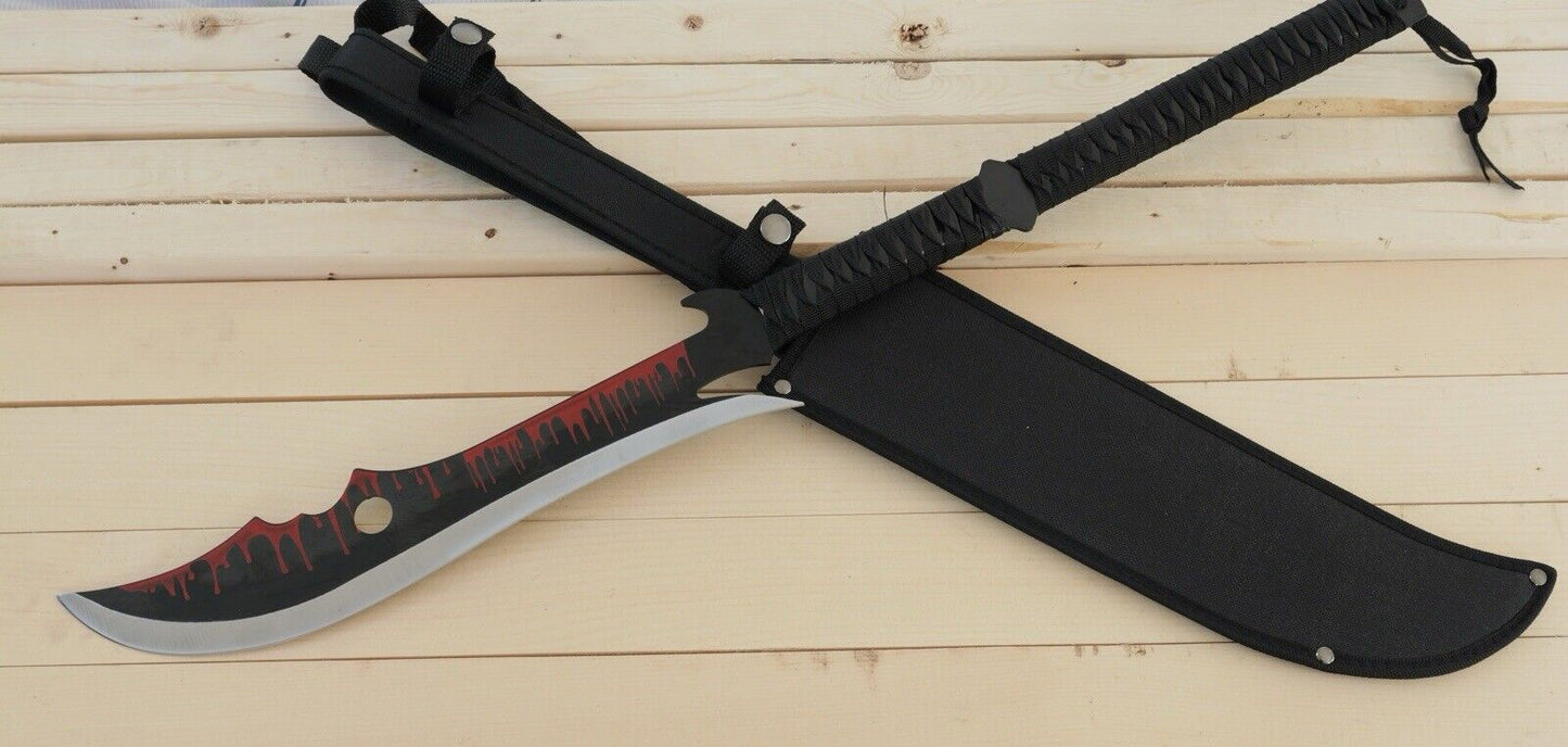 28” Zombie Machete Two Handed Full Tang Black Spear Sharp Sheath Back Strap