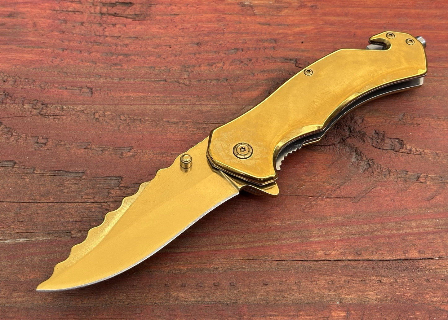 Metal Spring Assist Pocket Knife Emergency Window Punch Seatbelt Cutter Gold