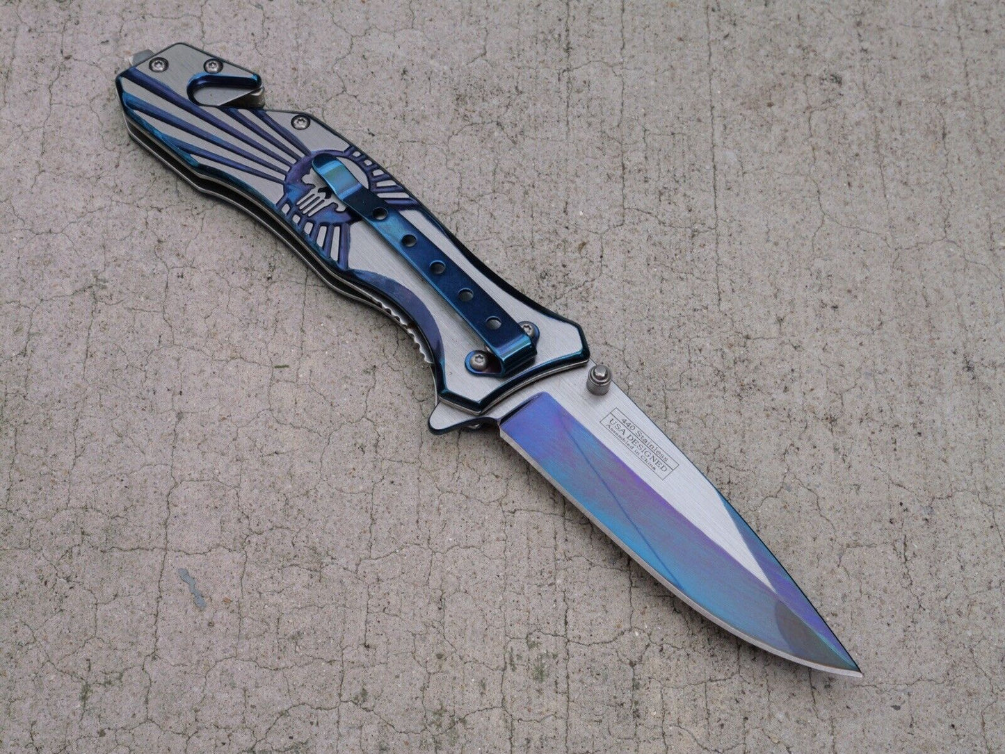 Skull Punisher Pocket Knife All Metal Full Size Window Punch Spring Assist Sharp