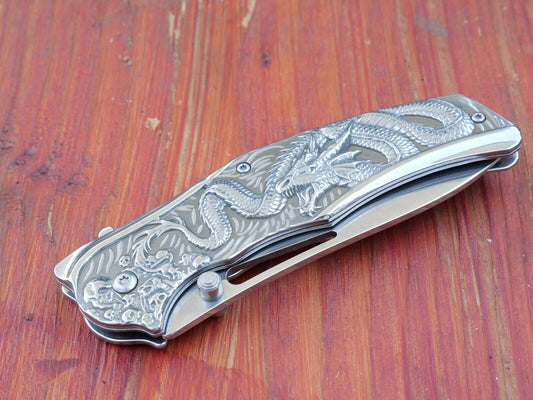 Full Size Chrome Dragon Spring Assist Pocket Knife All Metal Sharp Clip 9” Edc