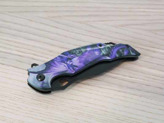 Purple Dragon Spring Assist Pocket Knife Full Metal Black Belt Clip Art Large