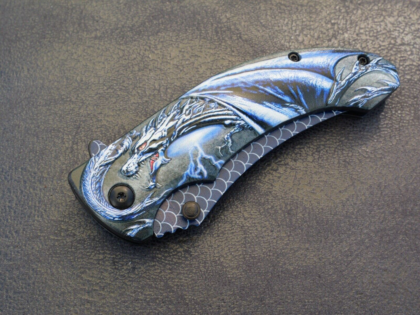 Blue Dragon Knife Spring Assisted Full Size Fantasy Pocket Knife Belt Clip Edc