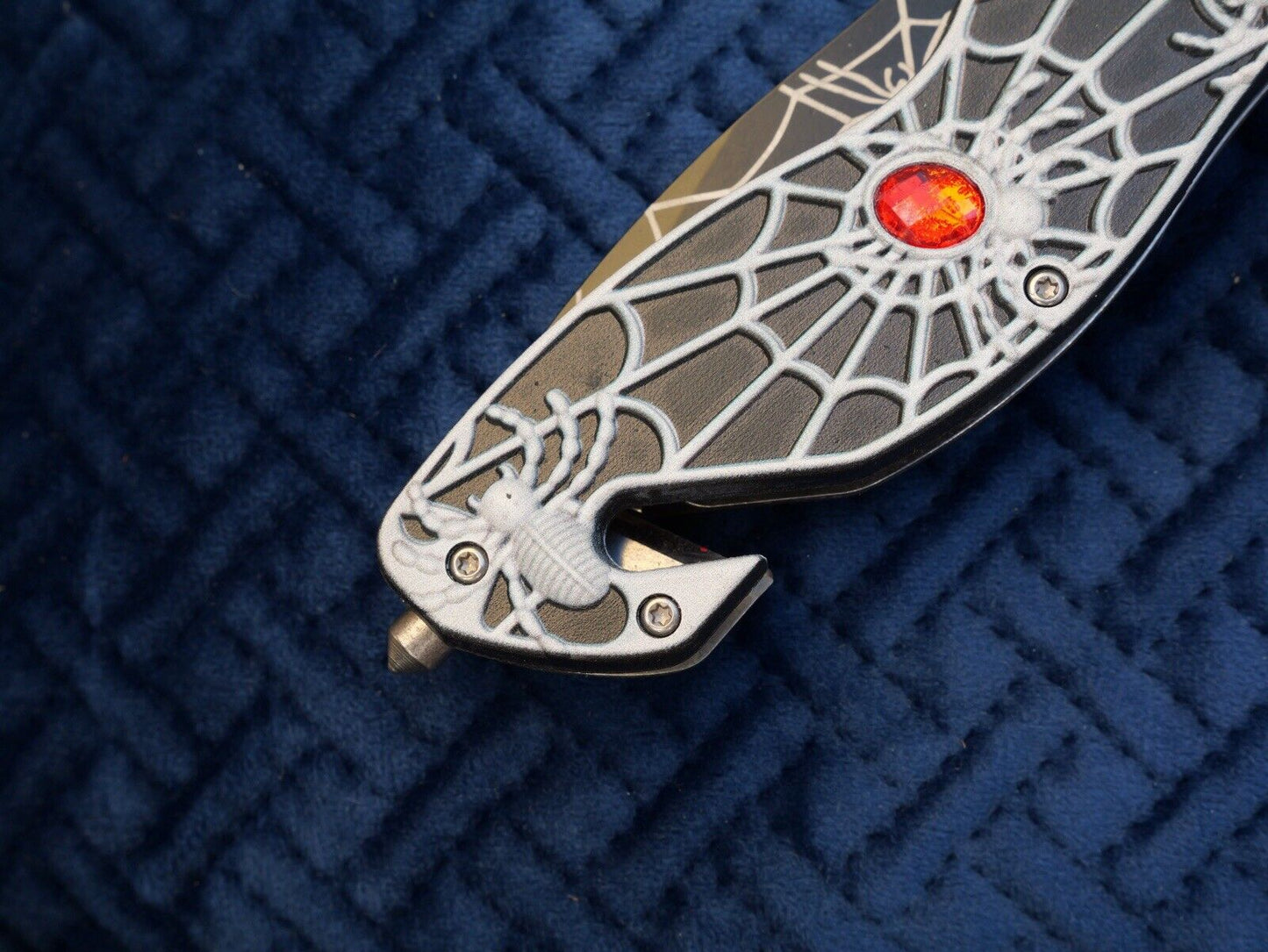 Black Pocket Knife Tanto Spider Web Window Punch Seat Belt Cutter Assisted Sharp