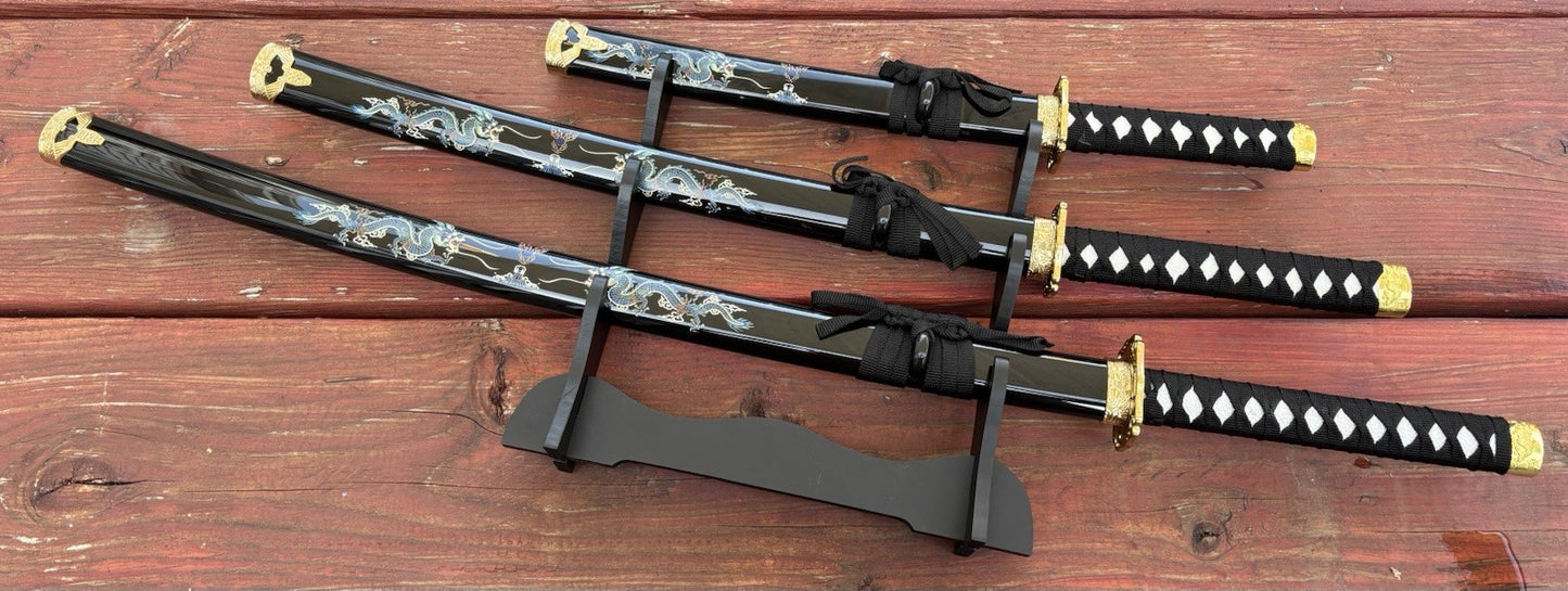 Samurai Sword Set Black Dragon Display Stand Wood Scabbard Katana 3 Piece Set
