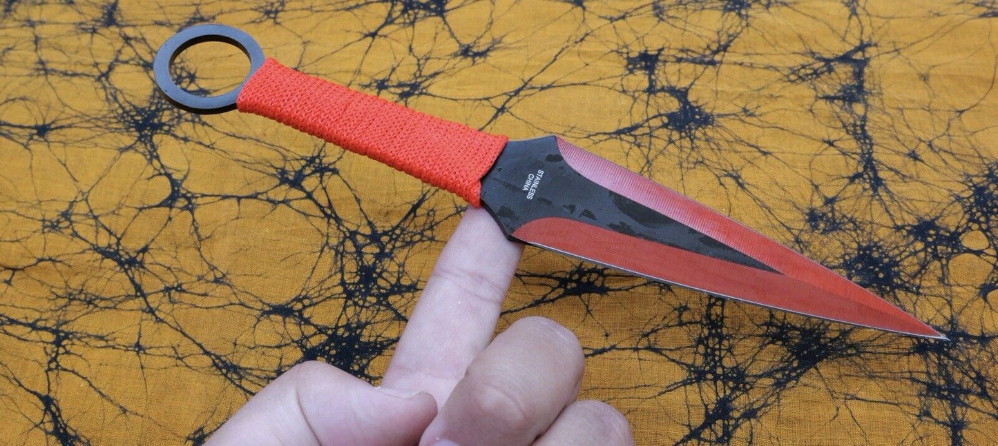 9” Throwing Knife Set 3 Pcs Red Large Kunai Double Edge Spear Tip Balanced Sharp