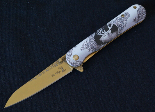 Gold Buck Spring Assist Pocket Knife Victorian Era Style Ornate Full Metal 8”