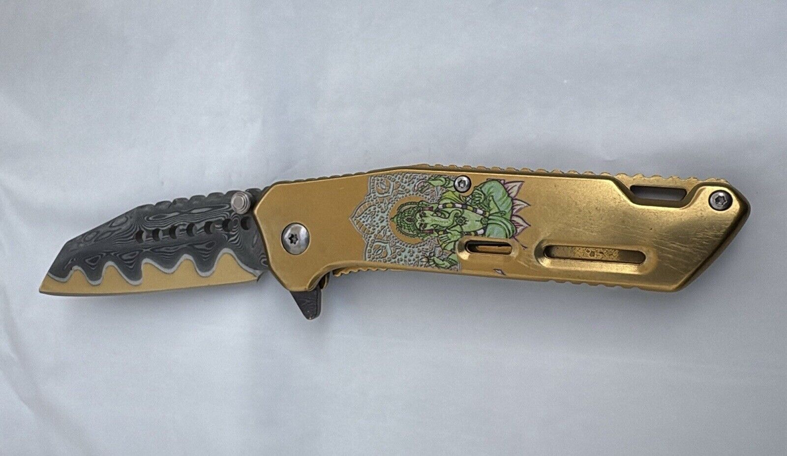 Gold Ganesh Pocket Knife Wild Design All Metal Sharp Wharncliffe Blade Damascus 