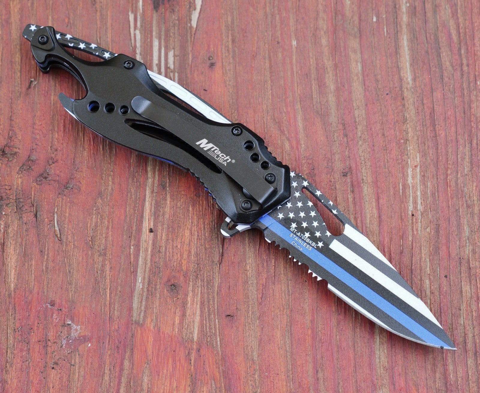 Full Size Pocket Knife Spring Assist Police Back The Blue Thin Blue Line Us Flag