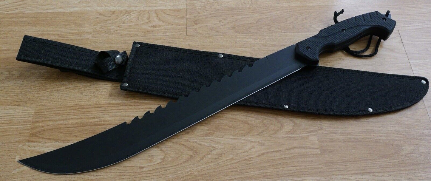 25” Black Machete Sawback Full Tang Rubber Handle Lanyard Glass Breaker Sheath