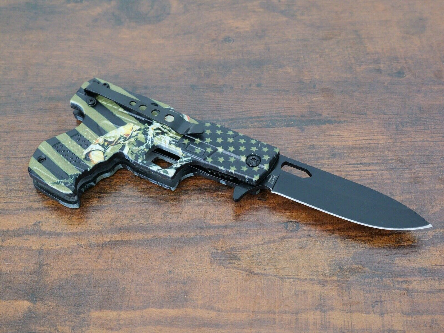 Folding Pocket Knife Pistol Design USA Army 🦅 Pocket Clip 3” Blade Sharp EDC