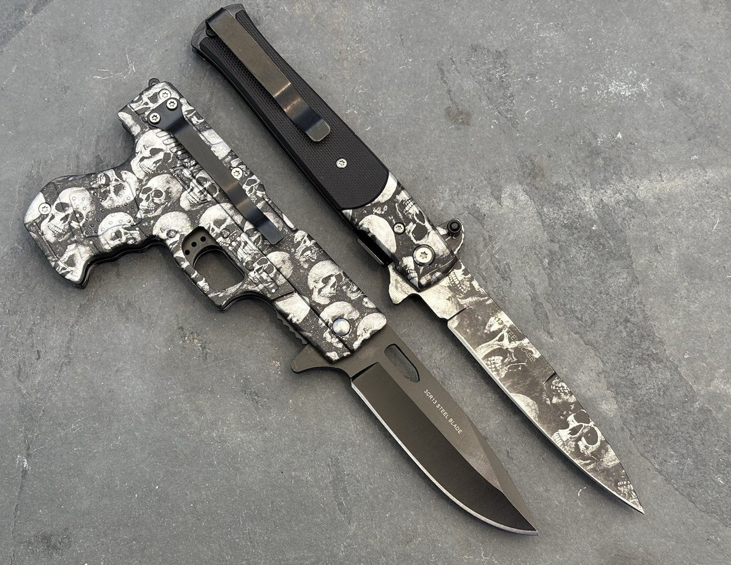 Grey Skull Pocket Knife Set Pistol Knife Spring Assist 2 Pcs