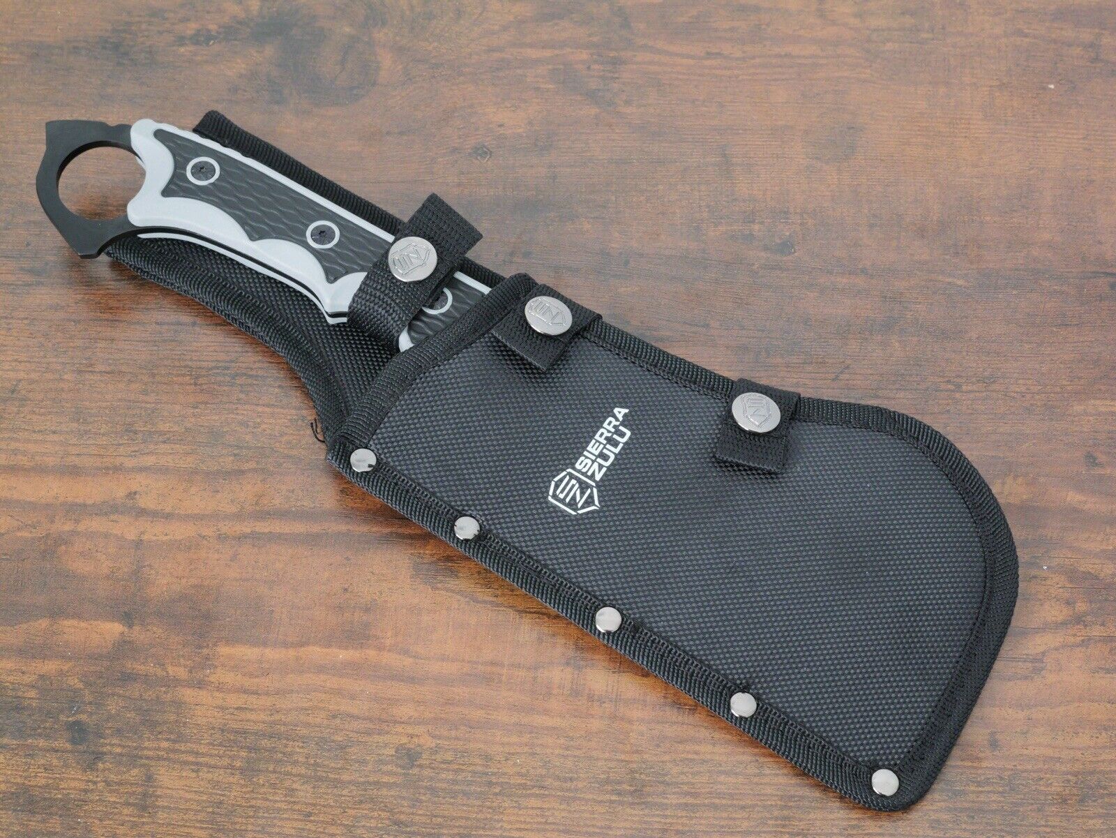 15” Tactical Cleaver Hook Thick Blade Powder Coated Black Rubber Handle Sheath