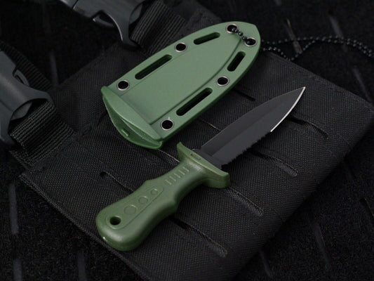 5” Neck Knife Full Tang Spear Point Double Edge Serrated Green Black Ball Chain