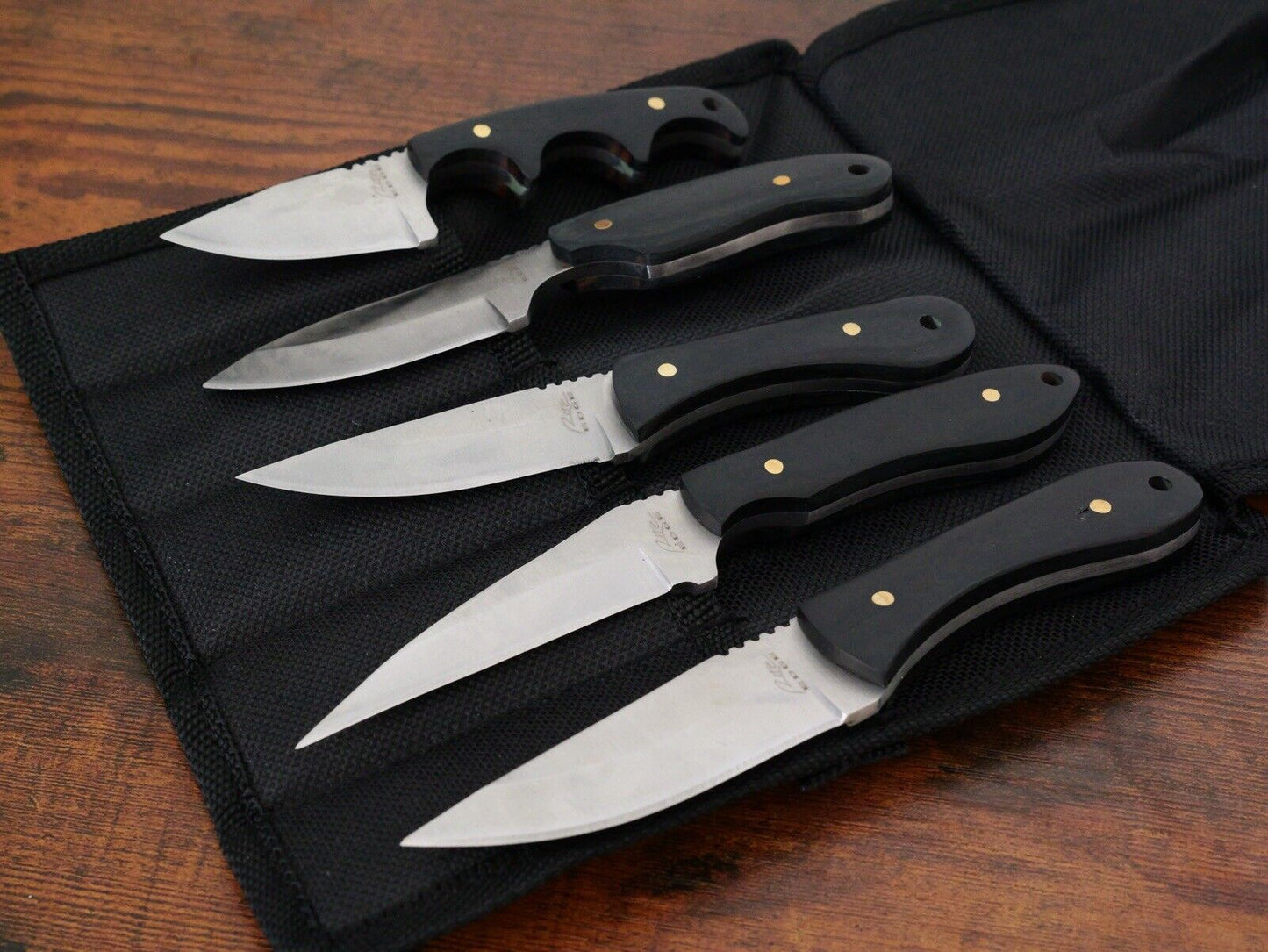 5pc Survival Knife Set Fixed Blade Wood Handle Nylon Sheath Black Full Tang Edc