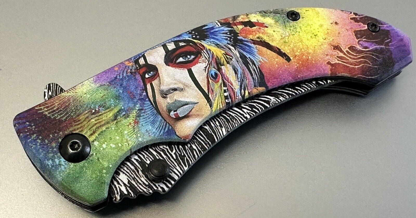 Full Size Folding Pocket Knife Native Rainbow Queen Feather Design Blade 4.5”