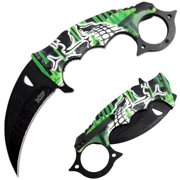 10" Karambit XL Green Mega Huge Folding Spring Assist Skull Monster Black Quick