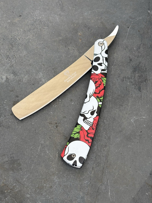 OG Vintage Shaving Straight Razor Chrome Finish Skulls Roses All Metal Barber