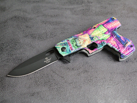 DARK KNIGHT ASSISTED Black Gun Pistol Joker WHY SO SERIOUS FOLDING Pocket KNIFE
