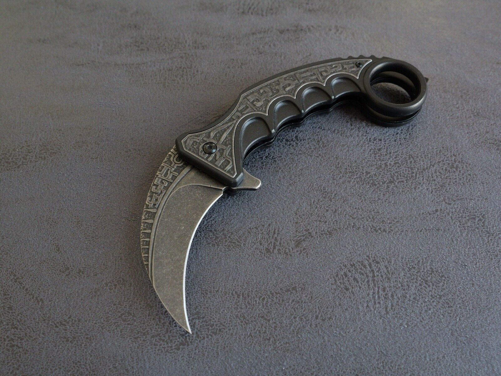 6” Karambit Black Stonewashed Modern Black Engraved Pocket Clip Edc Assisted