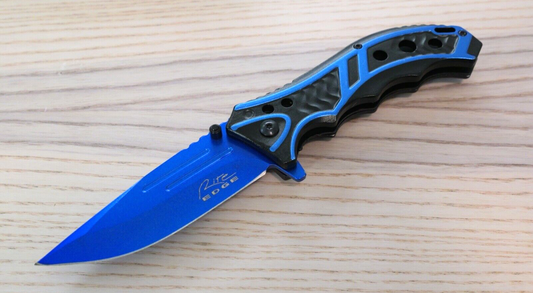 Blue Pocket Knife Spring Assisted Black Self Defense Tactical Full Size QUICK