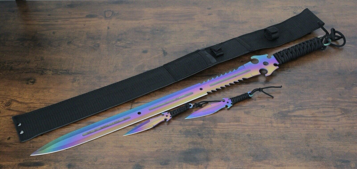 27” Sword Set Full Tang Ninja Rainbow Light Nylon Sheath Back Strap Full Tang