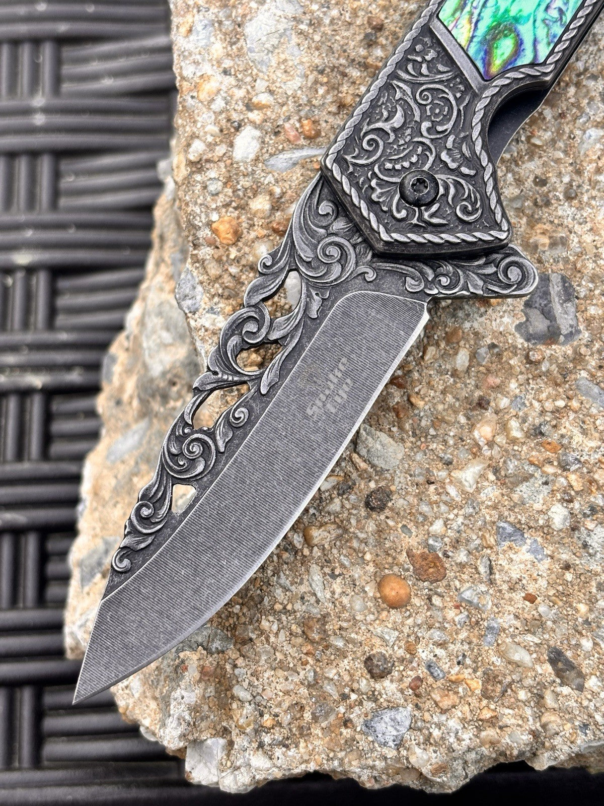 Spring Assist Pocket Knife Black Stonewashed Frame Lock Intricate Engraved Metal