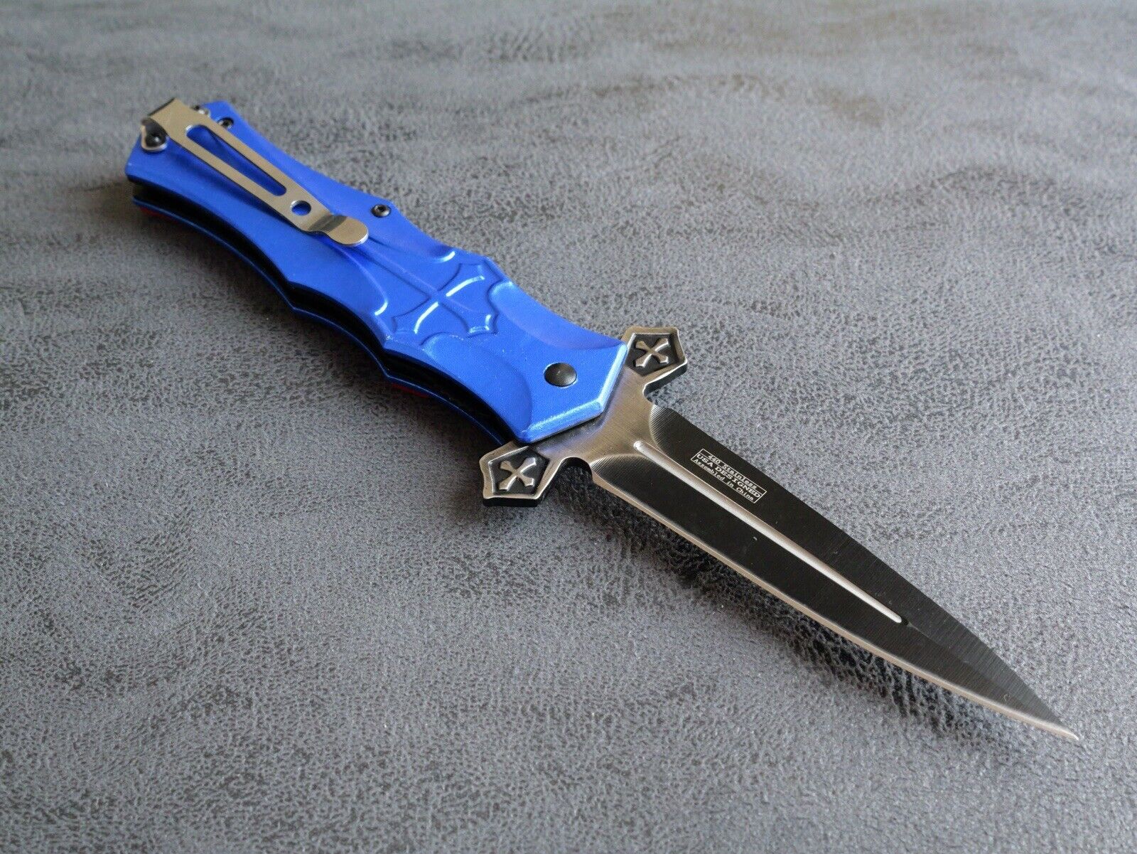 5” Cross Pocket Knife Blue Full Size Spear Point Chrome Heart Sharp Assisted