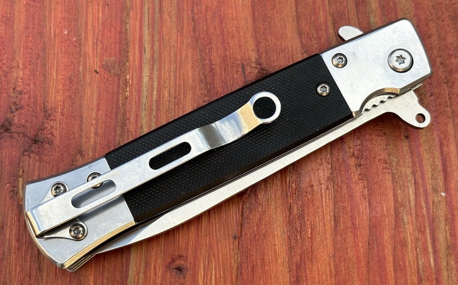 Pocket Knife Vintage Italian Design Black Chrome Handle Grey Assisted Deep Carry