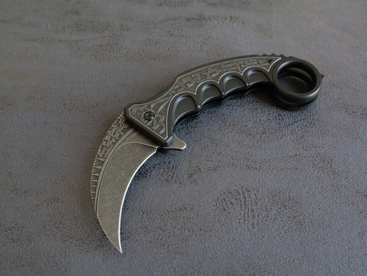 6” Karambit Black Stonewashed Modern Black Engraved Pocket Clip Edc Assisted