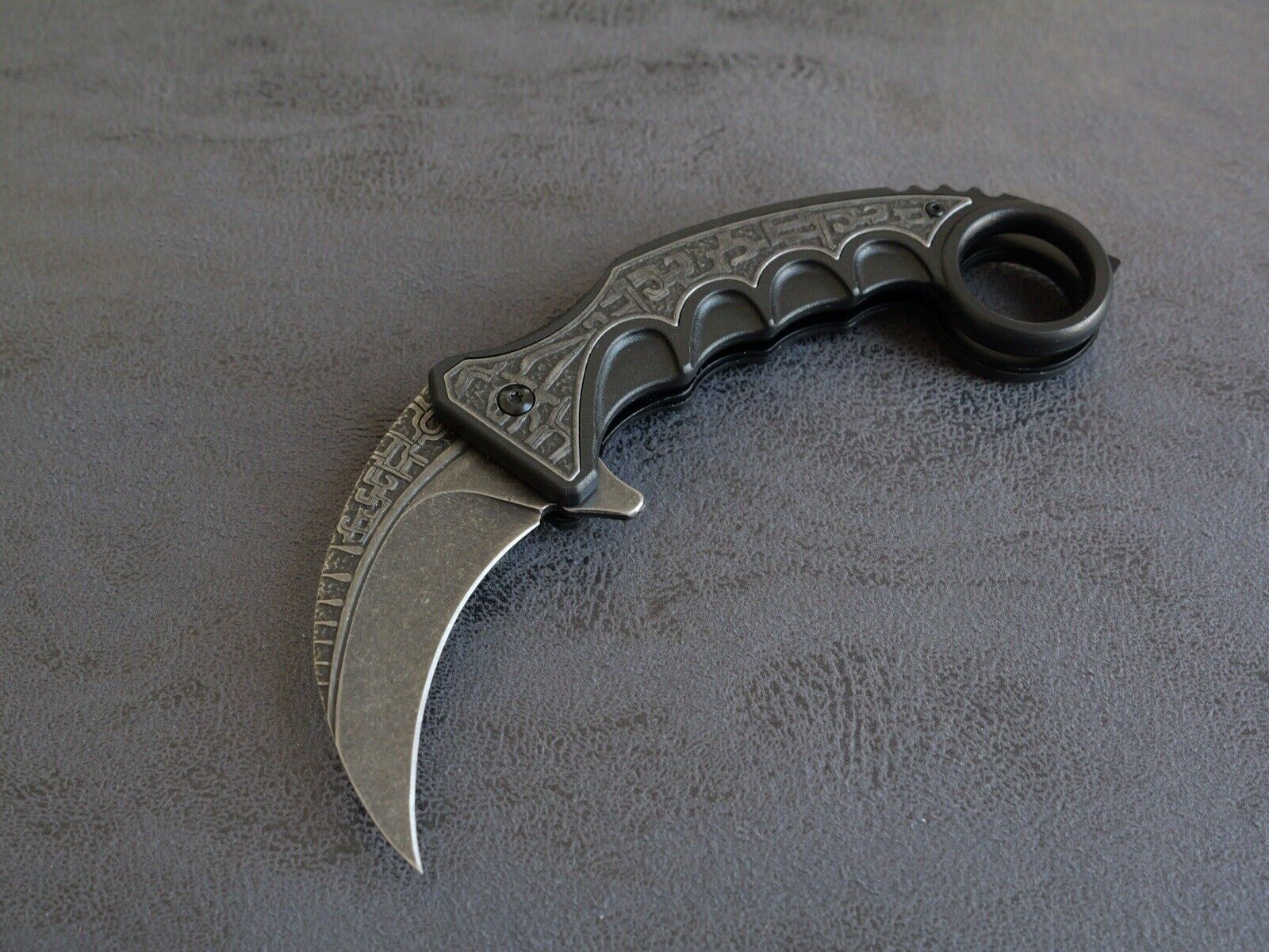 6” Karambit Black Stonewashed Modern Black Engraved Pocket Clip Edc Assisted