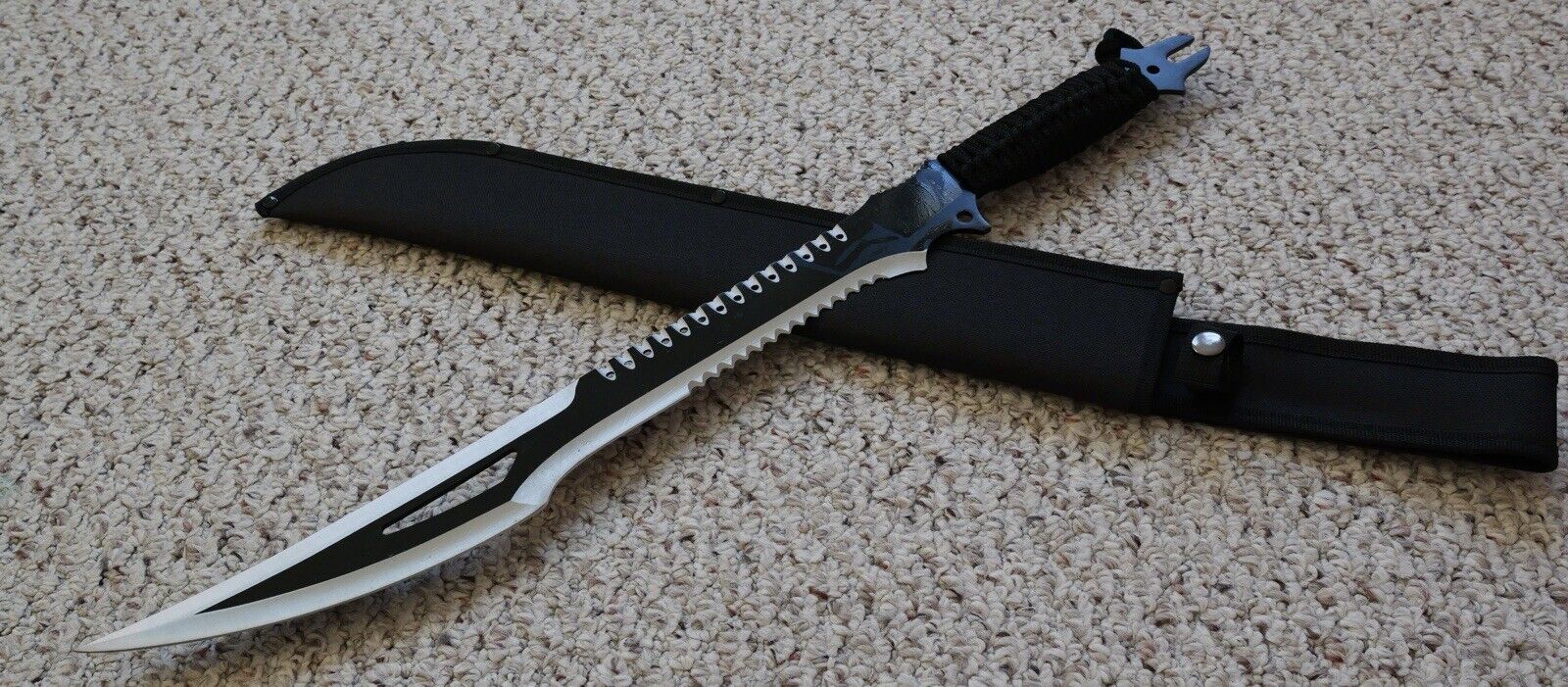 25” Machete Fang Black Full Tang Nylon Sheath Tactical Stealth Nylon Sheath Saw