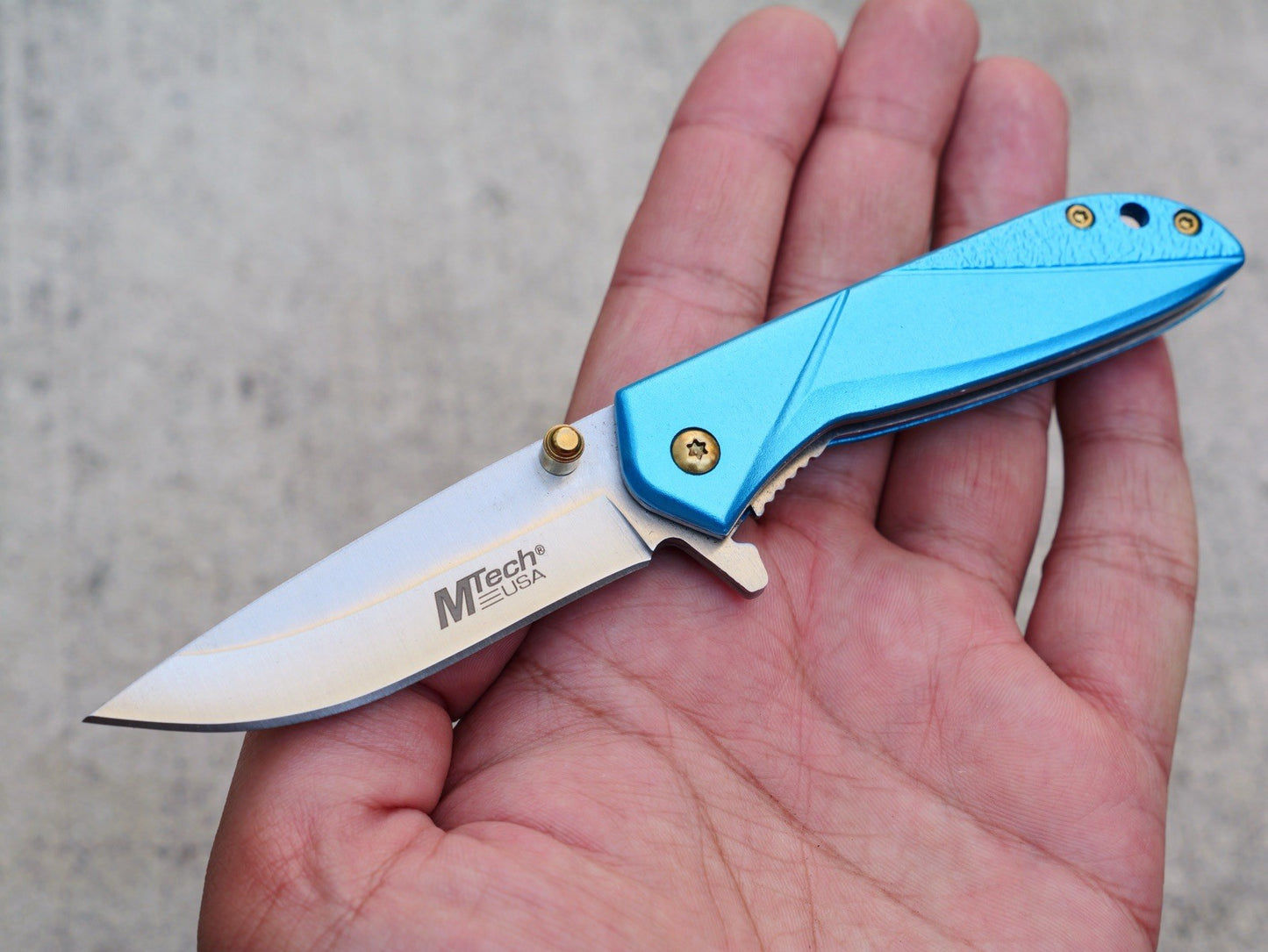 6” Aesthetic Spring Assist Pocket Knife Gold Clip Blue Handle Gray 3” Blade